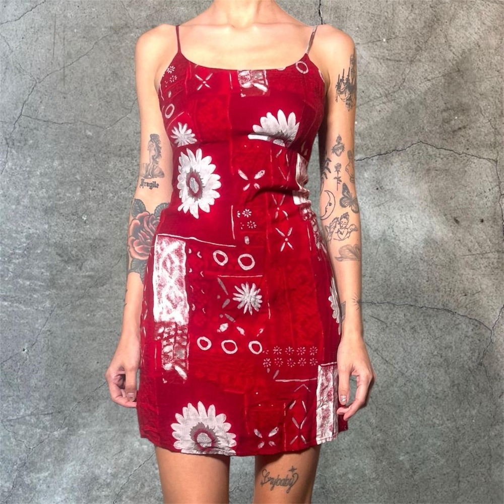 90s red mini floral dress